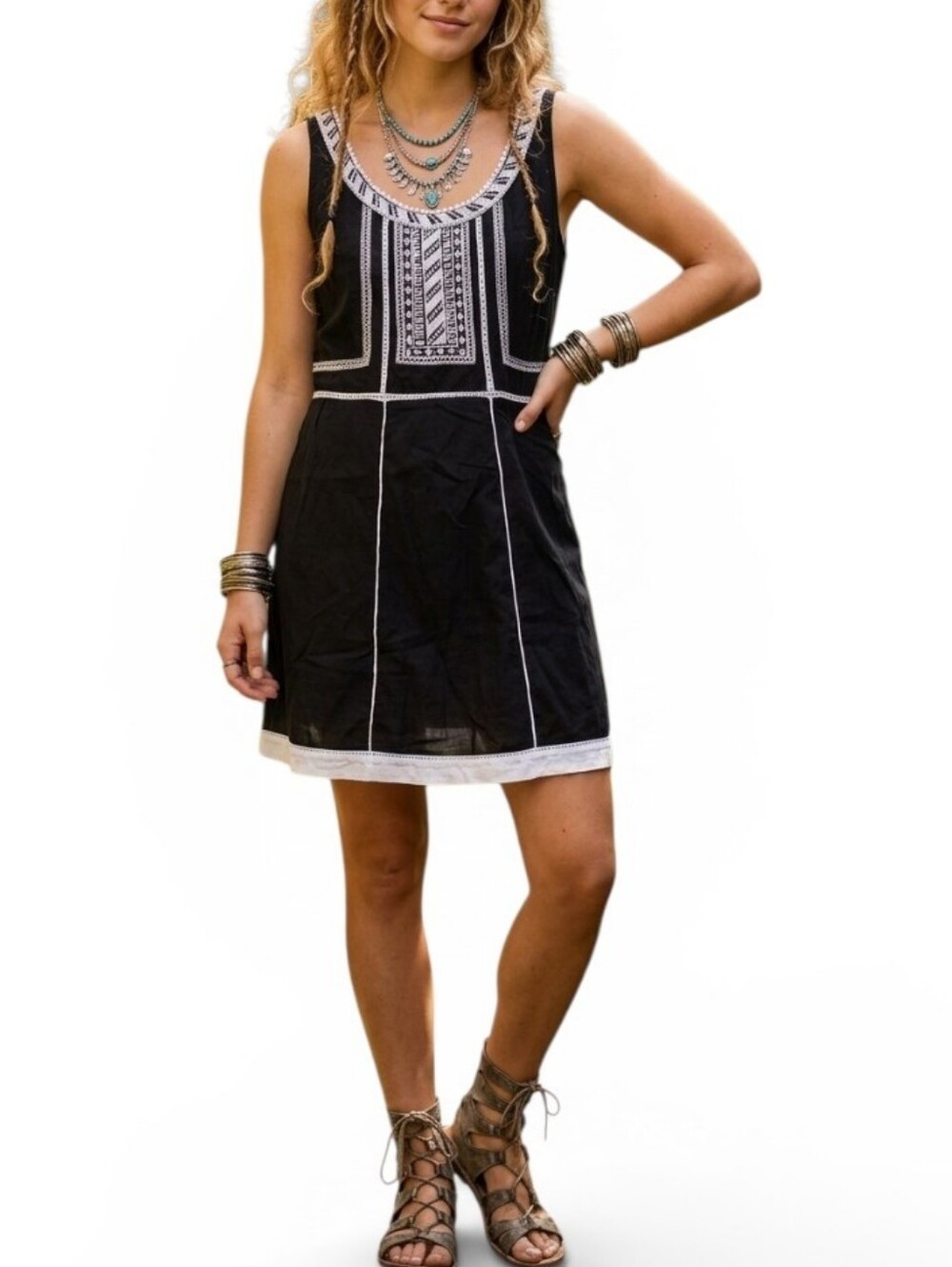 Free People Y2K Archival Embroidered Cotton Tank Mini Dress Black White